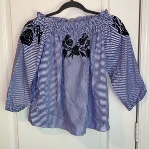 NWT Anthropologie Katsumi‎ Striped Embroidered Boho Off The Shoulders Top